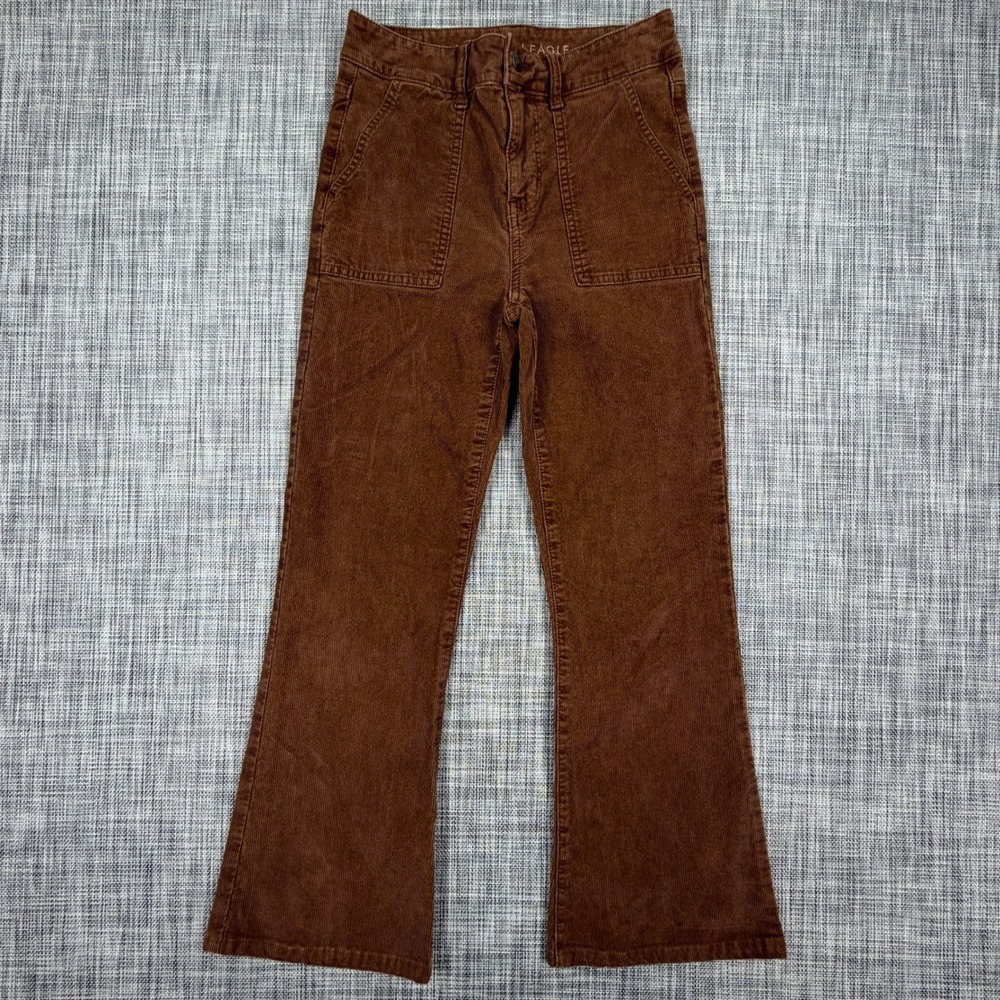 American Eagle Women Super Hi-Rise Flare Corduroy Pants Brown Stretch 2 Regular